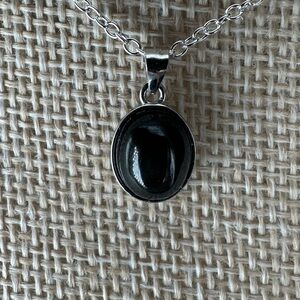 Small Oval Silver and Hypersthene Pendant on Chain